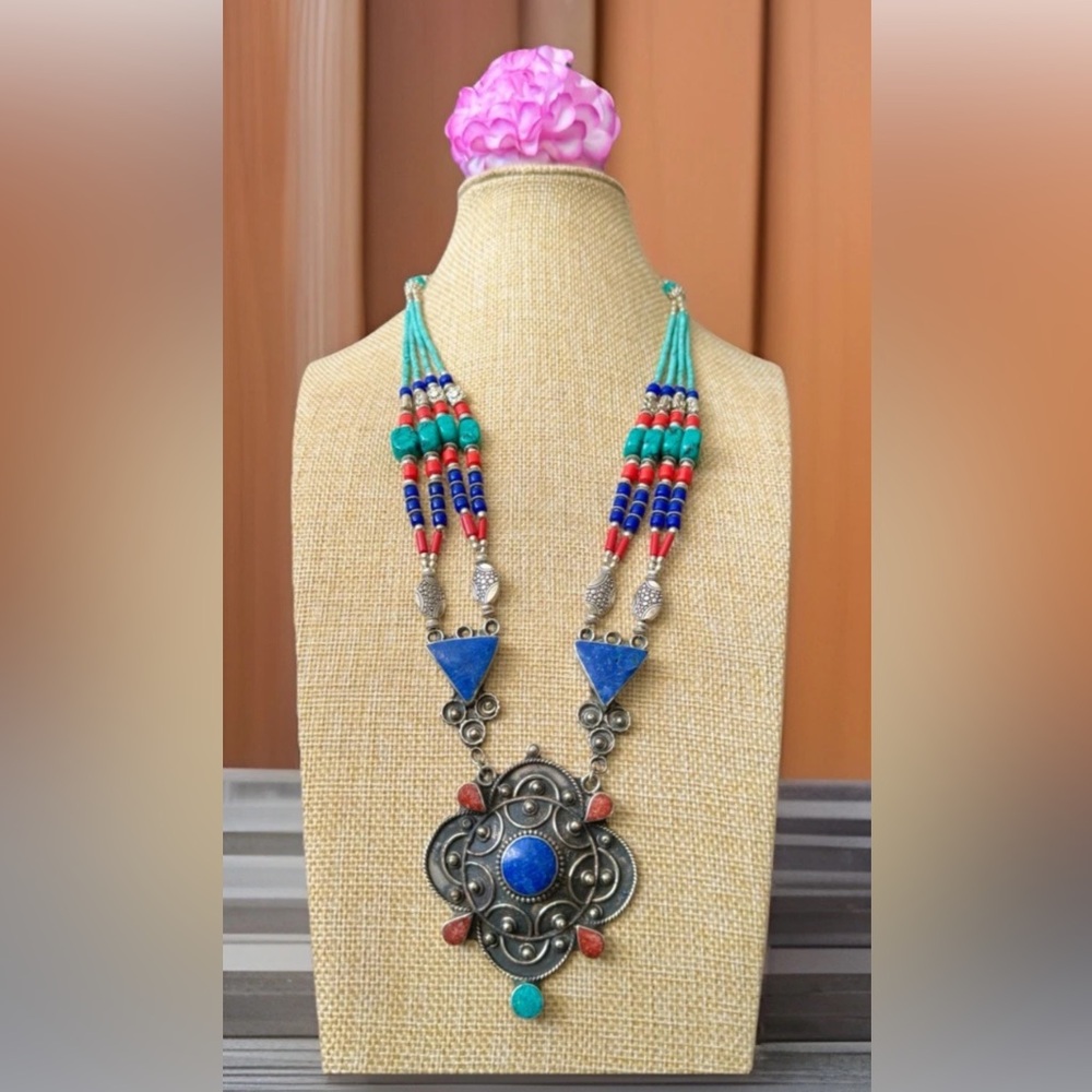 Vintage & Handcrafted Ethnic Tribal Multi Strand Silver Necklace & Stones 164gm